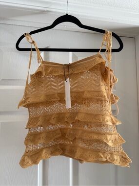 Zara Knit Lace Ruffle Cami Top Tan Beige Size S NWT